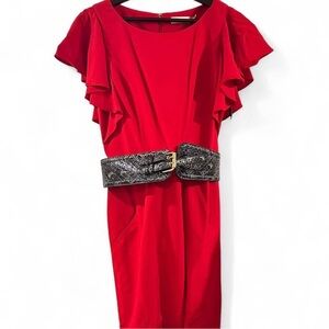 BRAND NEW Calvin Klein Red Midi Dress with Statement Belt Size 8